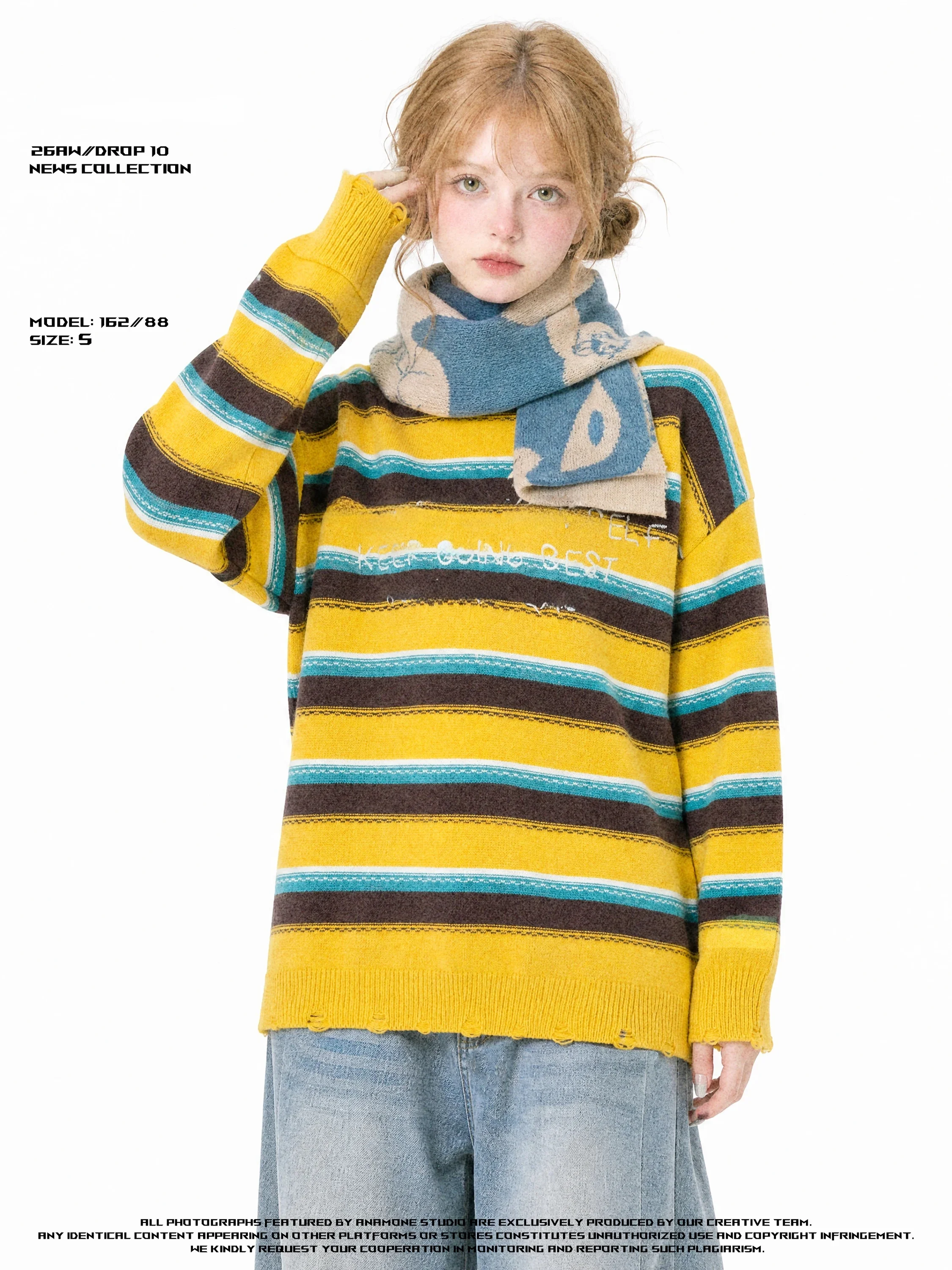 ANAMONE American Retro Striped Loose Fit Women's Knitwear round Neck Long Sleeve Spring Autumn Fashion Casual Polyester Blend