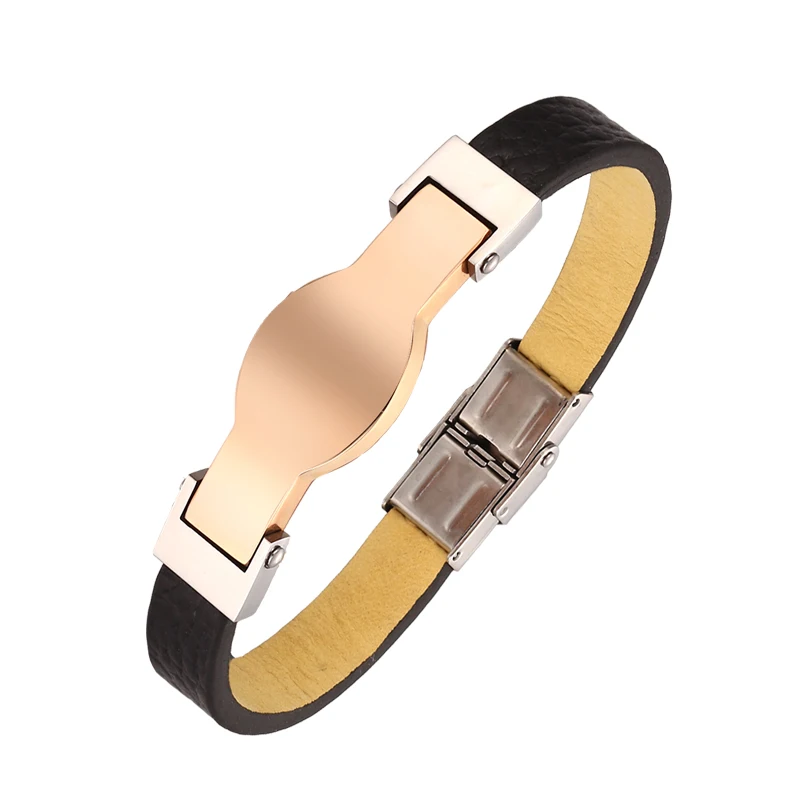 

Moocare Plated Rose Gold Stainless Steel Curved Leather Women's Men's Bracelet