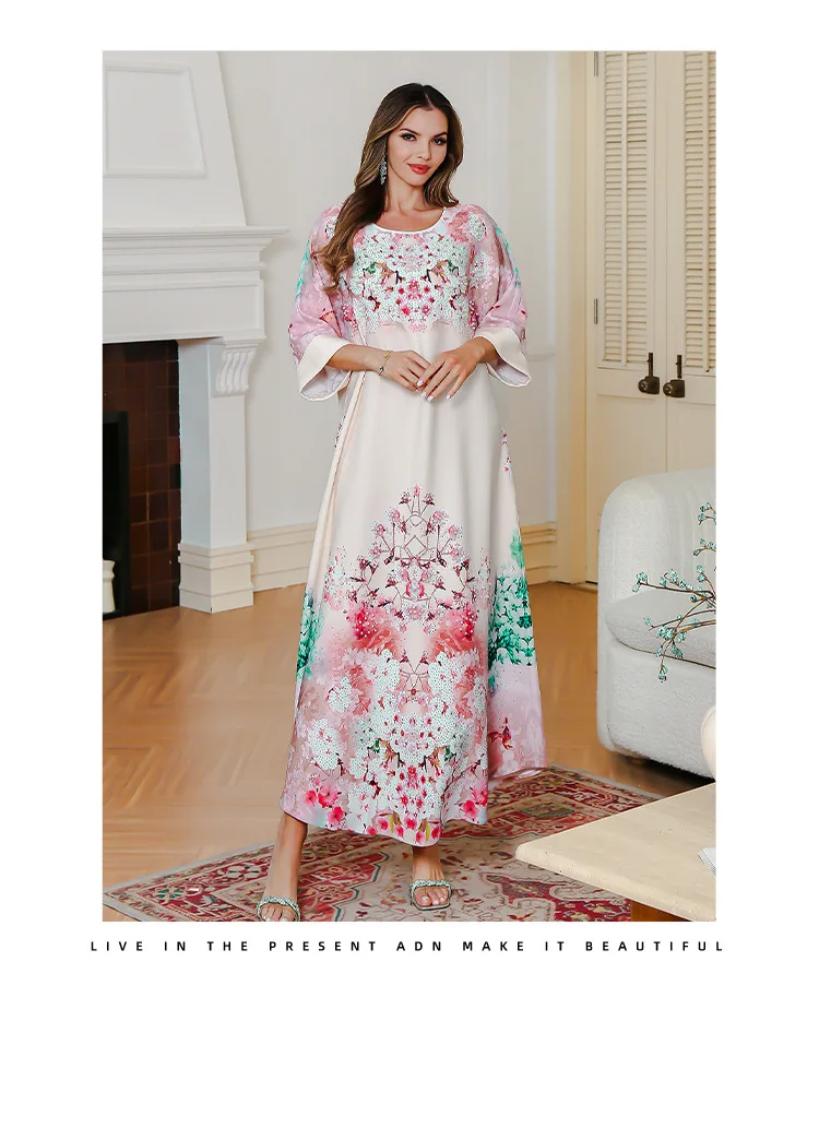 Verão novo vestido muçulmano impresso festa médio oriente vestido longo abaya strass impresso robe