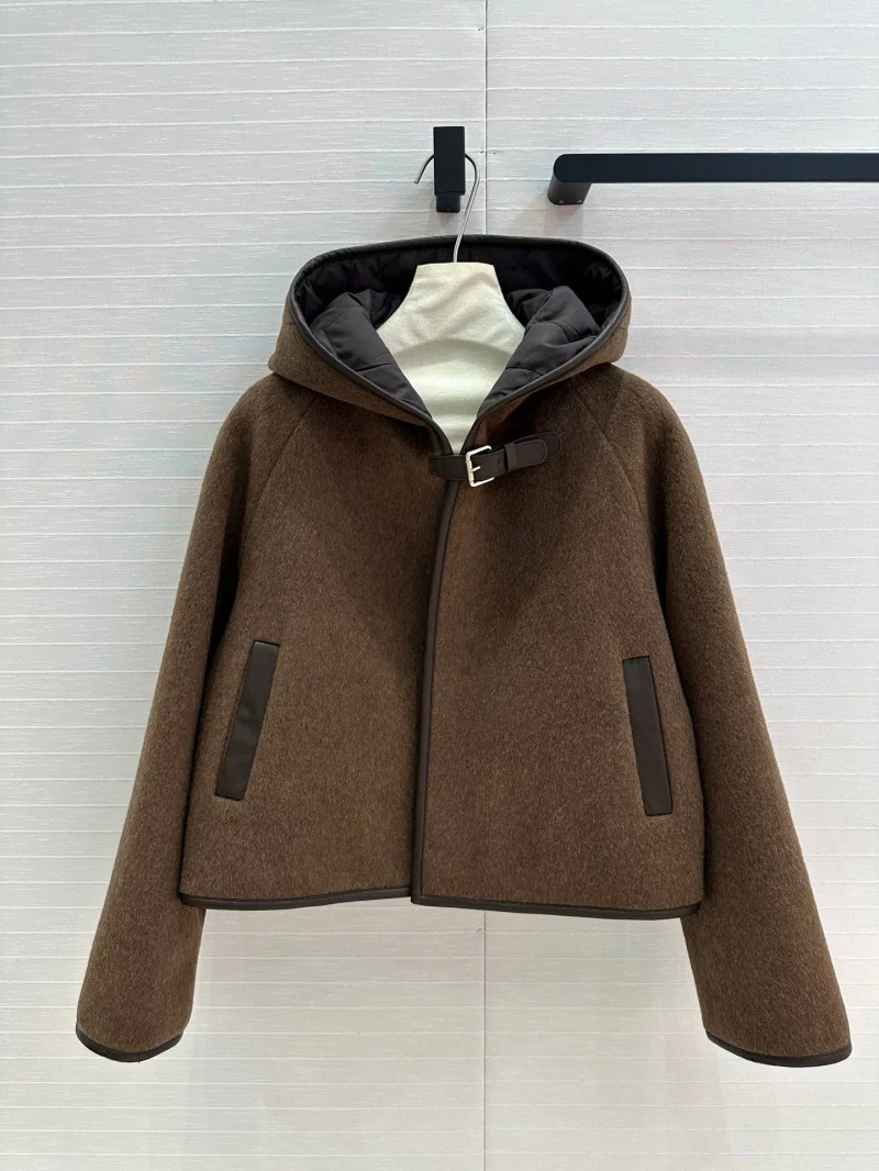 2024 New Fashion Winter Cotton Liner Warm Woolen Coat Women Hooded Leather Buckle Long Sleeve Brown Vintage Loose Chic Jacket