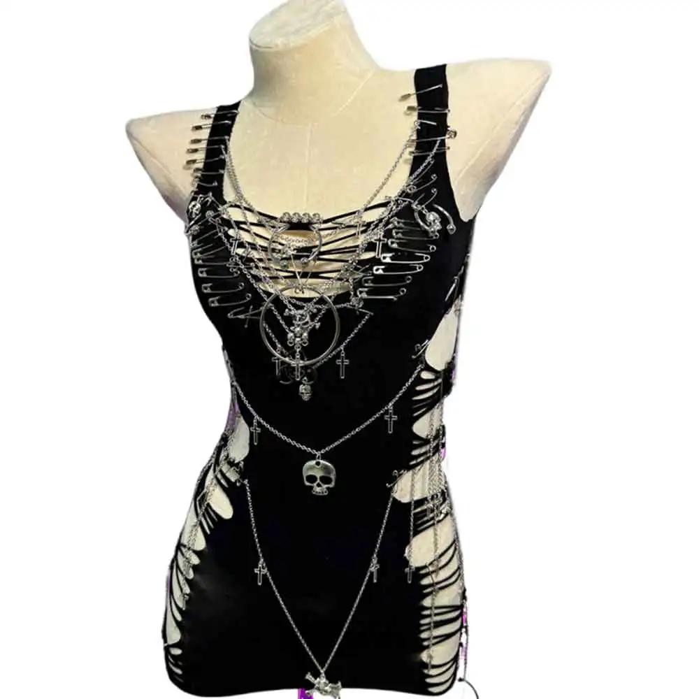 Emo Street Wear Harajuku Fashion Revival Goth Skull Chain E-Girls Grunge Y2K Halter Camisole TOPS Hip Hop Punk Rock Pin