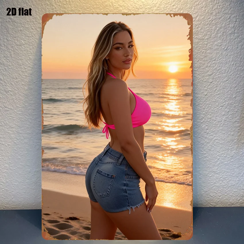 Retro Sunset Girl Metal Sign 2D Wall Art Beach Poster Tin Sign for Farmhouse Kitchen Home Decor 8x12in