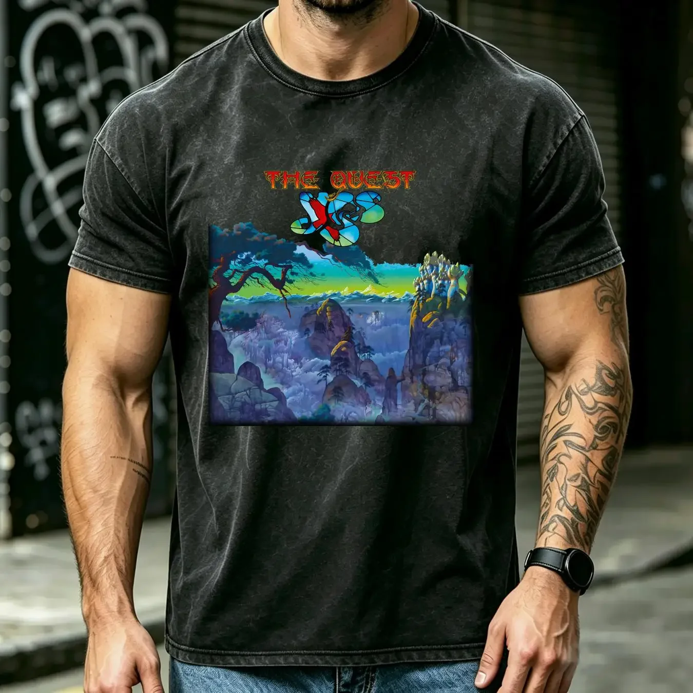 washed T Shirt Inspired Yes Band The Quest Black S 234XL BC1979 long or short sleeves vintage Washed streetwear Breathable