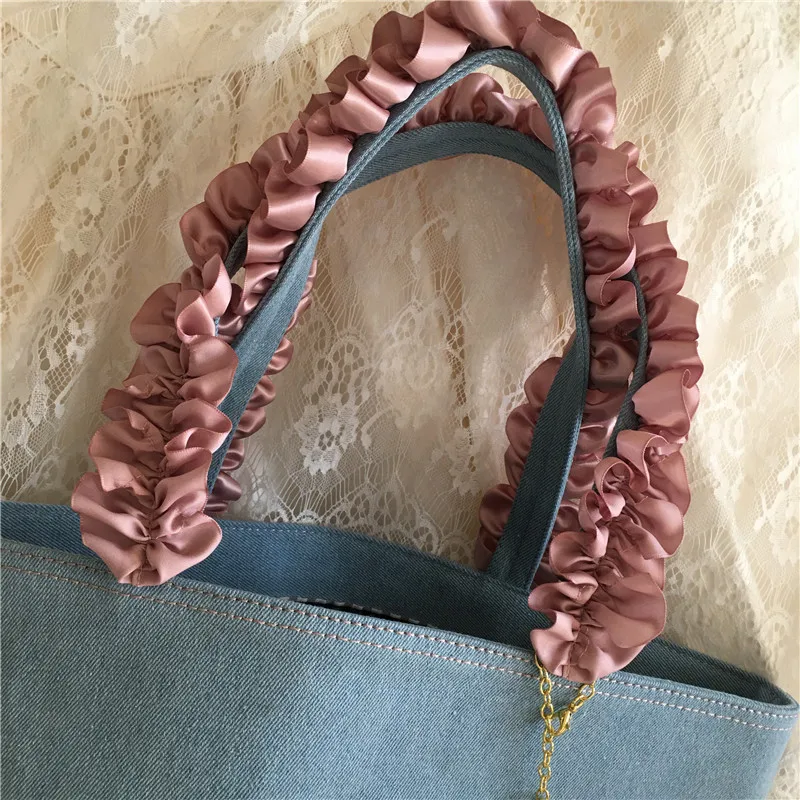 Denim Shoulder Bags Fashion Pleated Shoulder Strap Simple Japanese Style Students Mummy Tote Bag Women\'s Big Shopping Handbag