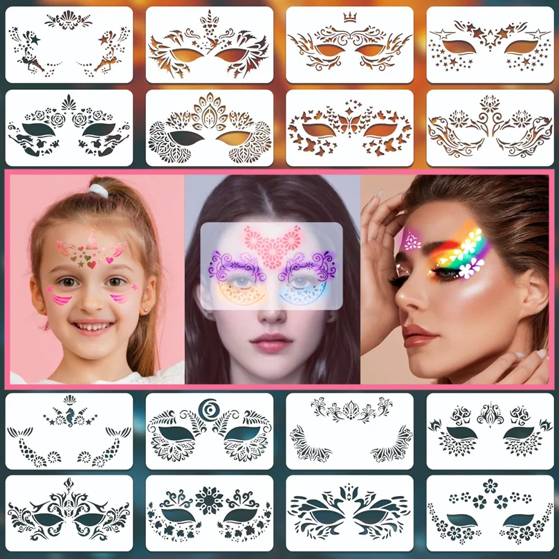 

8/16Pcs Face Painting Templates Reusable , Assorted Designs DIY Art Paint Drawing Stencils, Party Holiday Makeup Stencils Set