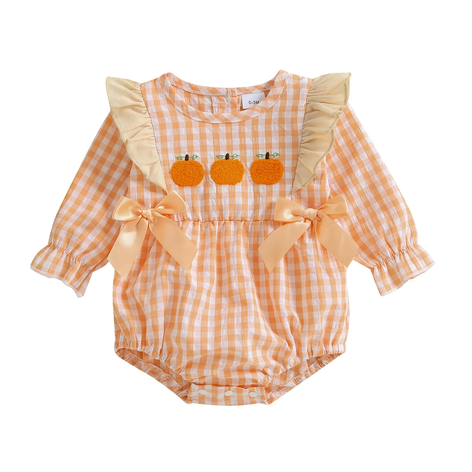 

Baby Girls Halloween Plaid Romper Pumpkin Embroidery Long Sleeve Round Neck Bow Jumpsuit
