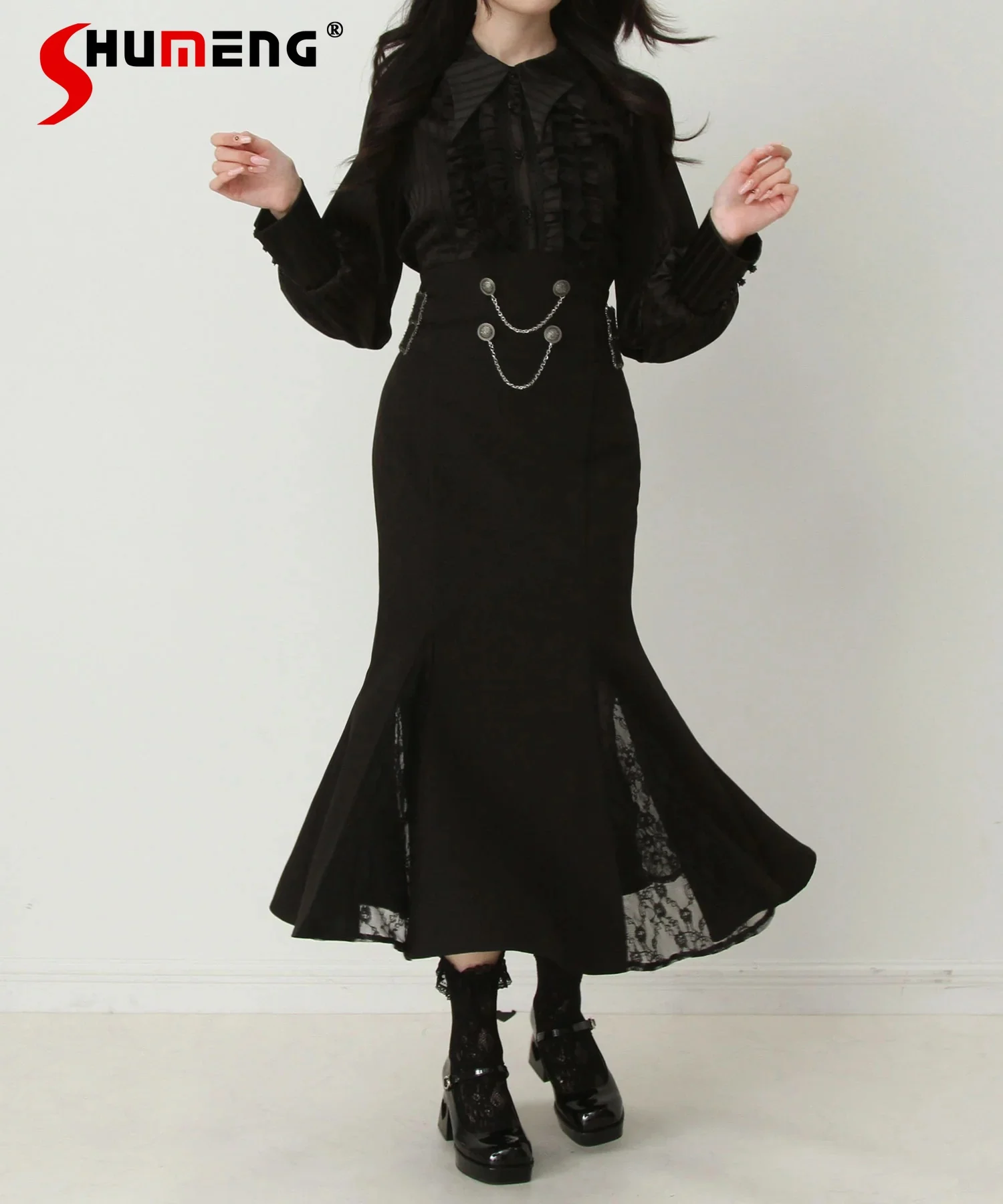 

Japanese Style Elegant Vintage Sweet Lolita Dresses Long Sleeve Spliced High Waist Bodycon Mermaid Long Dress for Women Autumn