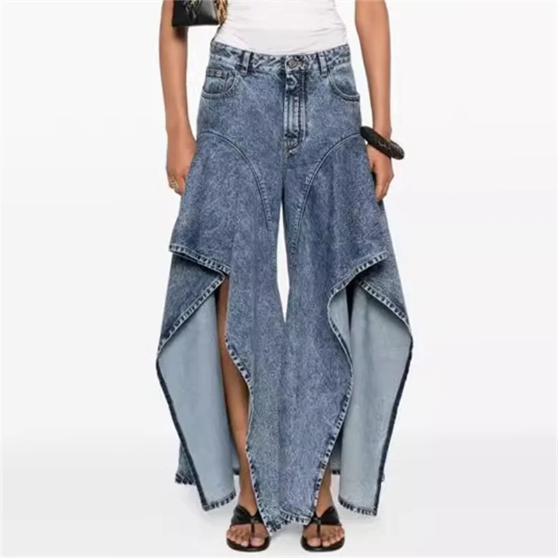 

Women's jeans New high waisted slim women's jeans for autumn 2025 Irregular ruffled denim pants Retro pure cotton wide leg pants