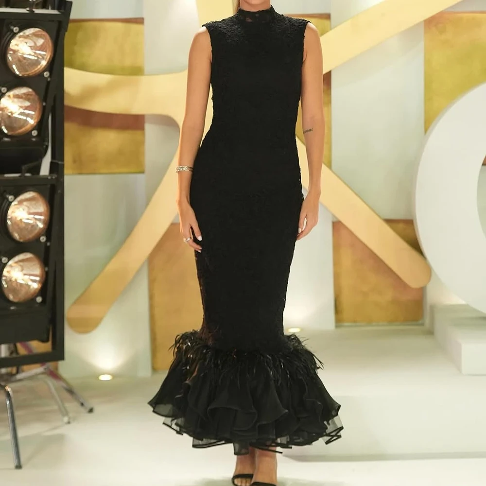 

Вечерние платья трапециевидной формы по индивидуальному заказу, платье для выпускного вечера без рукавов с высоким воротником до щиколотки, модное кружевное простое драпированное вечернее платье с перьями