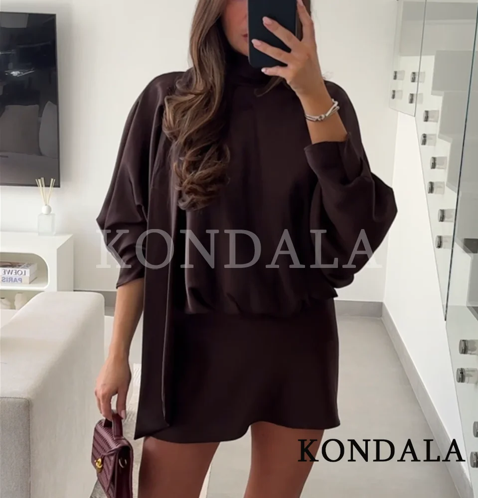 KONDALA elegante bufanda vestido de satén con cuello mujer café marrón Vestido corto de manga larga 2026 Primavera Verano moda vestido de fiesta para mujer
