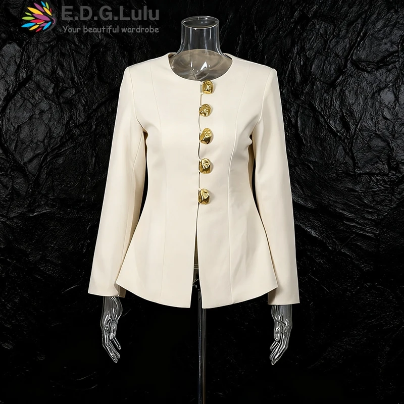 EDGLuLu 2025 New O Neck Single Row Metal Buckle Short Top+High Waisted Flared Pants White Two Piece Set 1119