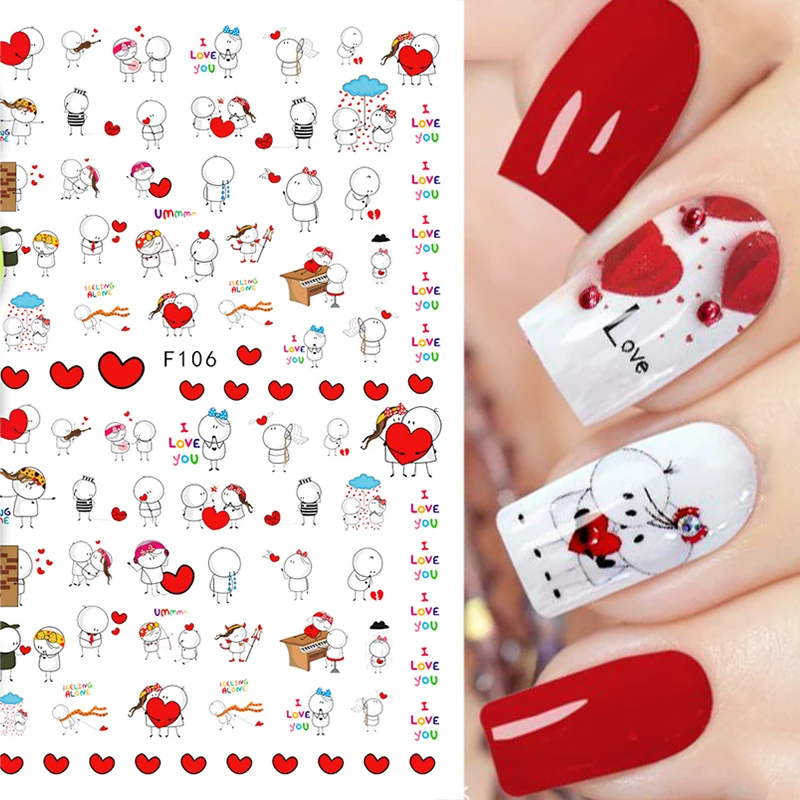 

1PCS Valentine's Day Heart Rose Flower Nail Stickers Nail Art Decoration Cartoon Bear Nail Art Decal Stickers Press On Nails