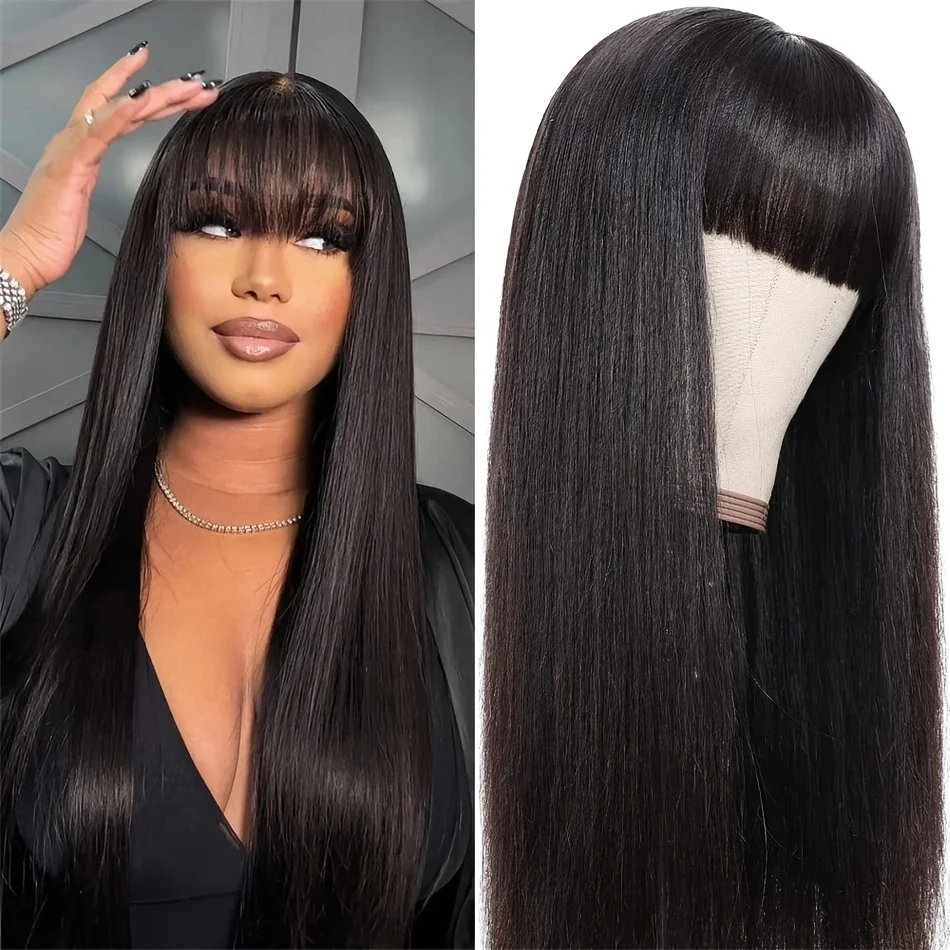 Straight Human Fringe Hair Wigs with Bangs 150% Density Full Machine Wigs with High Quality Synthetic Lace Wigs Natural Cosplay