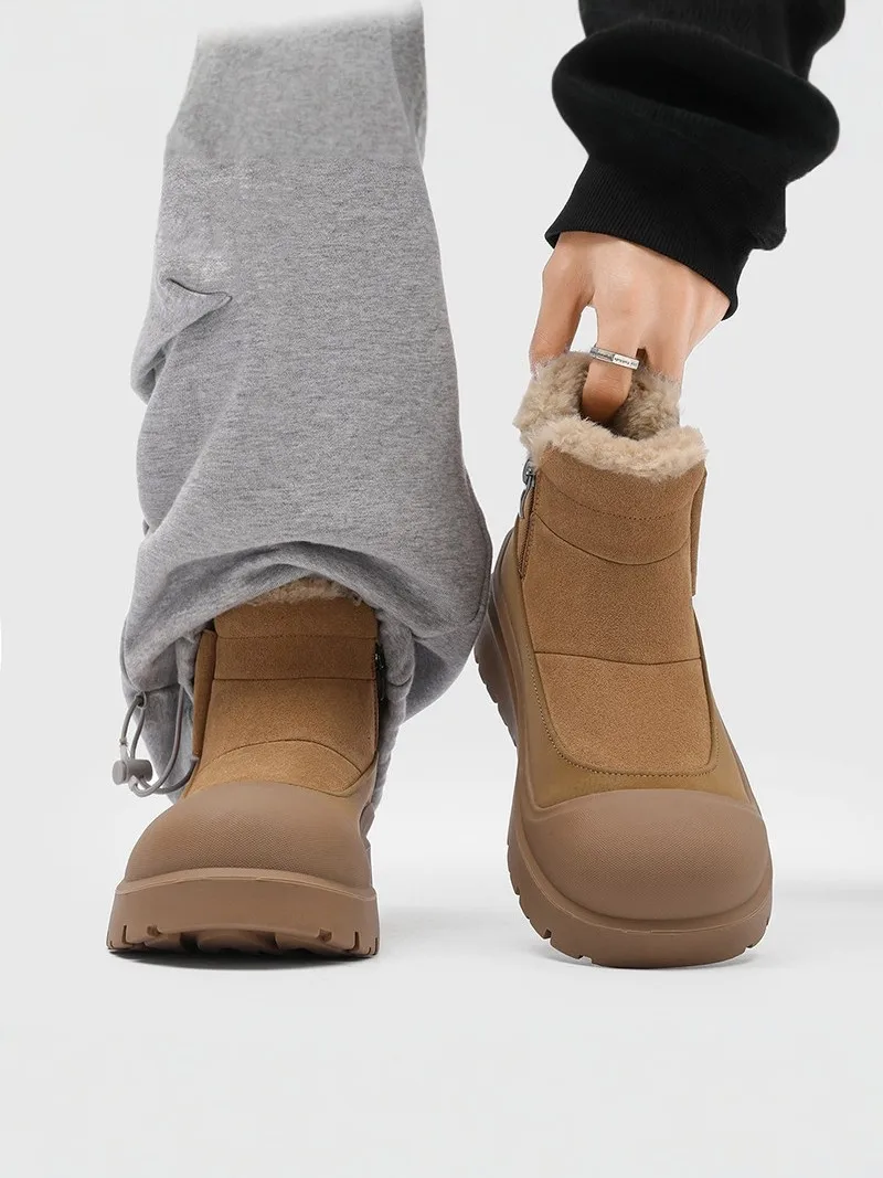 Men's Winter Thickened Fleece Lined High Top Leather Fur Integrated Warm Cotton Snow Boots Waterproof Anti-slip Casual Boots