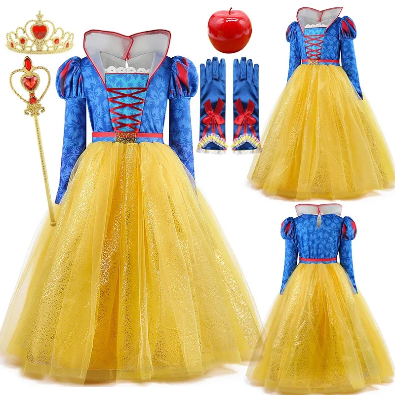 

Deluxe Snow White Princess Gown Puff Sleeve Stand Collar Girl Fairy Kid Cosplay Costume Toddler Carnival Apparel Halloween Dress