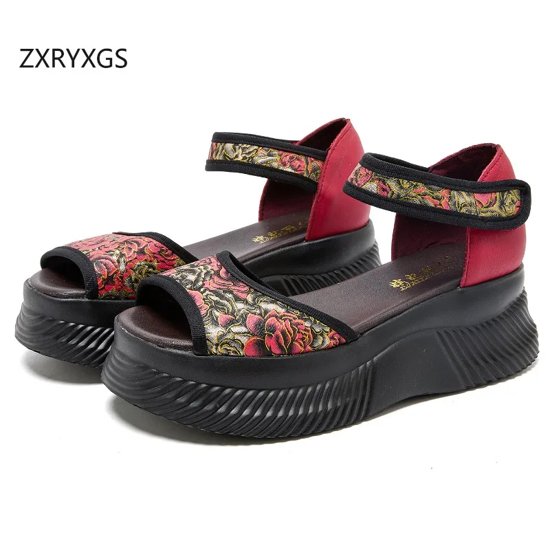 

ZXRYXGS 2026 Новые летние женские сандалии из натуральной кожи с принтом, с открытым носком, на толстой подошве, увеличивающие рост, на танкетке