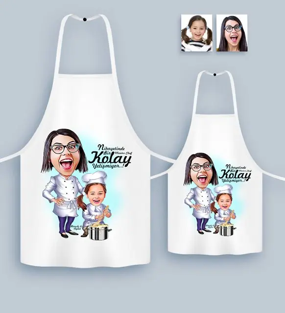 Personalized Dual Mother Girl Master Chef Karikatürlü Kitchen Apron Set