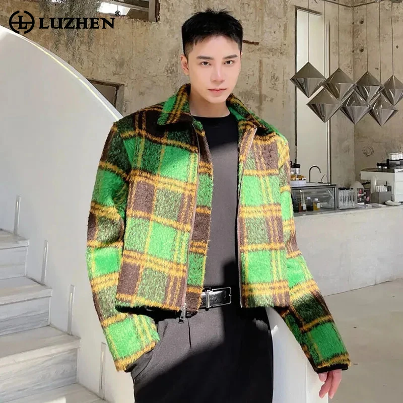 LUZHEN Men Wool Plaid Brushed Blazer Coat Fashion Korean Original 2024 Elegant Jacket Trendy Korean Clothes High Quality 8cb5e1