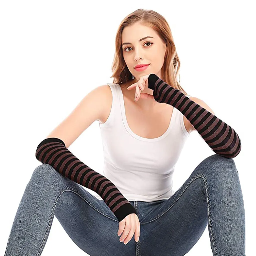 WorthWhile 1 Pair Long Fingerless Gloves Knit Arm Warmer Thumb Hole Stretchy Gloves Sleeves Christmas Running Cycling Protection