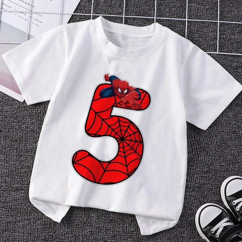 Spiderman Children T-Shirts Birthday Number 1-10 Marvel Cartoon T Shirt Boys Girls Casual Short Sleeved Tops Summer Kids Clothes