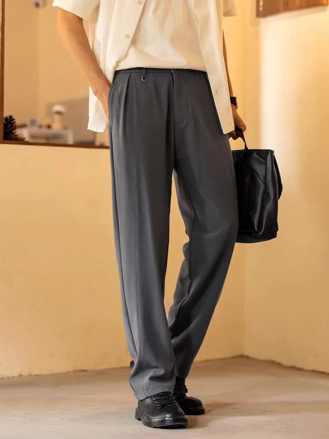 

Men's Casual Woolen Trousers Spring New Sle Commute Elastic Straight Leg Pants Drapey Pleated Loose Fit Comfortable Leisure...