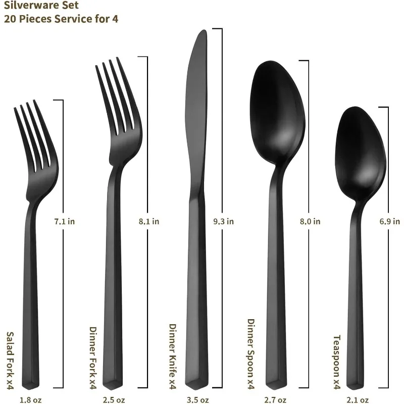 Ensemble de couverts en acier inoxydable poli satiné, service pour 4, argenterie forgée, noir cube, 20 pièces, 256