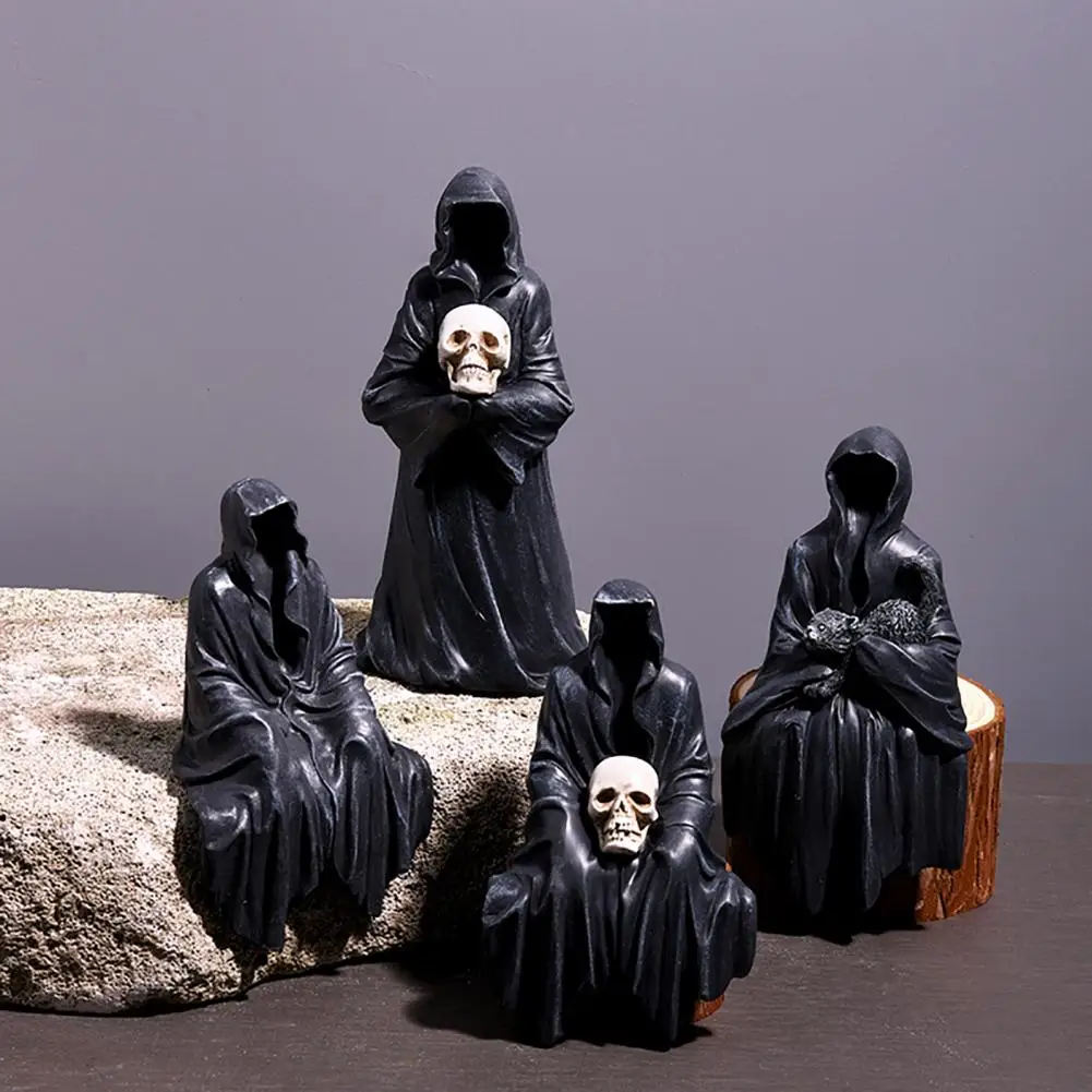 Halloween Grim Reaper Figurine Spooky Grim Reaper Resin Statue for Halloween Decor Black Robed Death Ghost Figurine Indoor