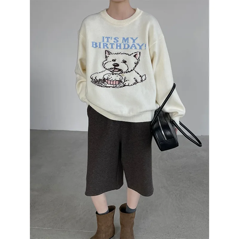 

Taochuan Korean Sle Lazy Cartoon Dog Knitwear Women's Autumn Winter round Ne Loose Versatile Knitted Top