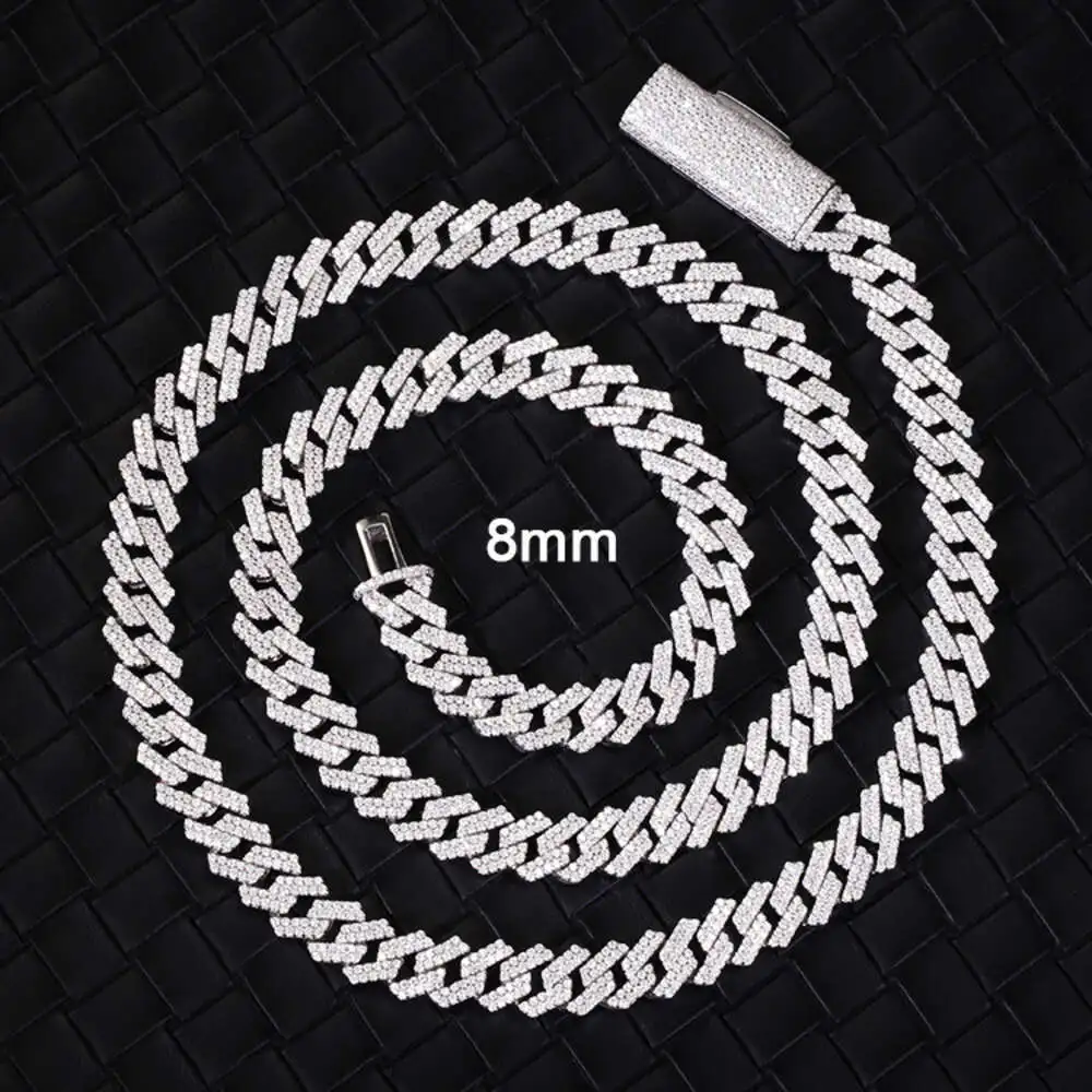 

Fashion Jewelry Unique Design 925 Sterling Silver d Color Moissanite 8mm 2 Rows Cuban Chain Jewelry for Gift