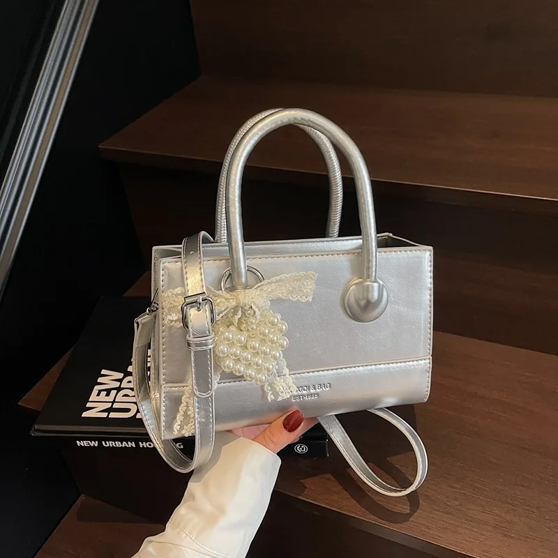 

Silver Shoulder Bag for Women Designer Small Square Crossbody Bag Summer Glamorous Top Handle Casual Outfit Party
