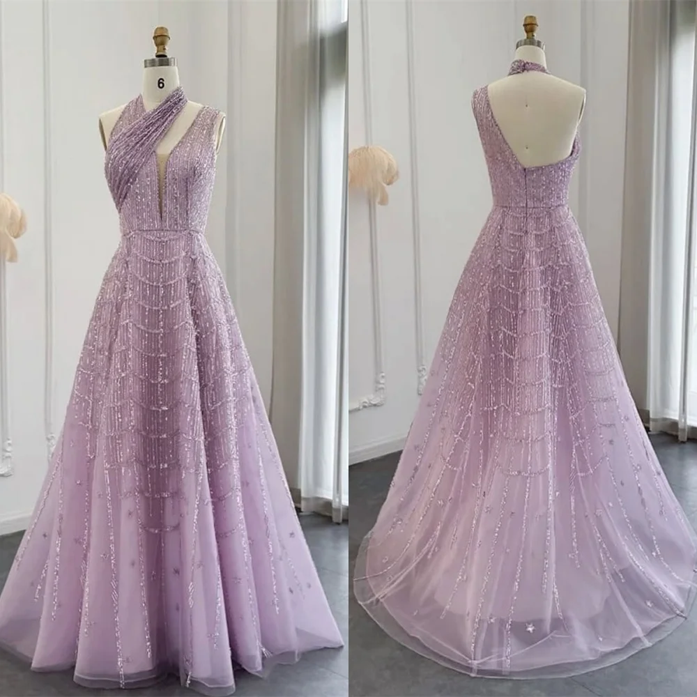 

Customized Delicate Light Purple Organza Evening Dress Exquisite Halter Cap Sleeve Open Back Beading Special Occasion Gowns