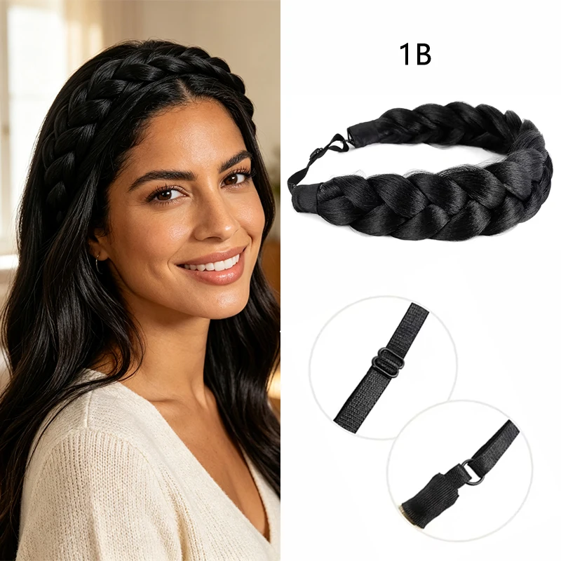 Black Thick Braided Headband for Women Premium Synthetic Fiber Adjustable Fake Hair Braid Hairband Comfortable Hair Accessories