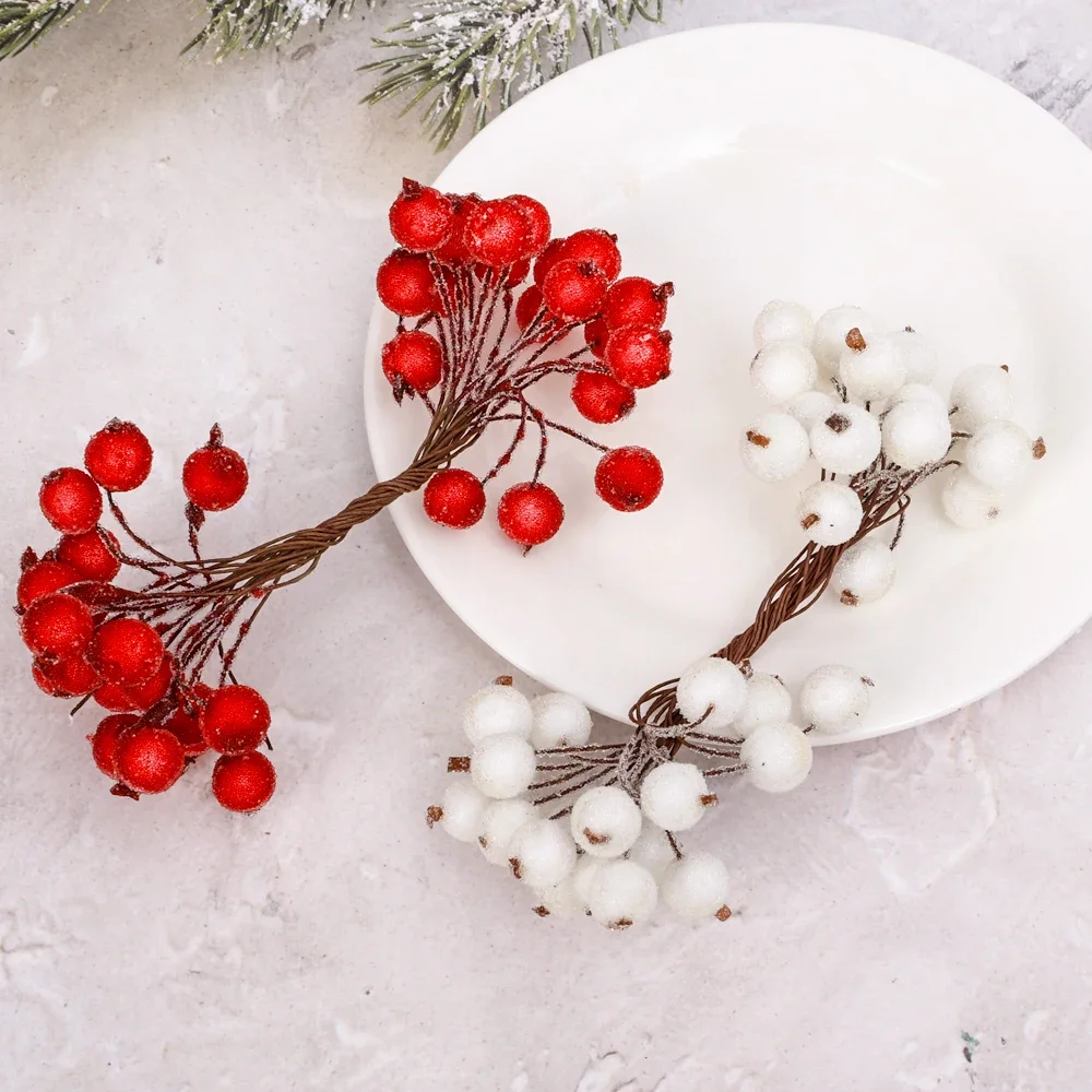 Artificial Frosted Holly Berries Christmas Red Cherry Fake Fruit Berries Frosted Fruit Berry for DIY Christmas Artificial Decor