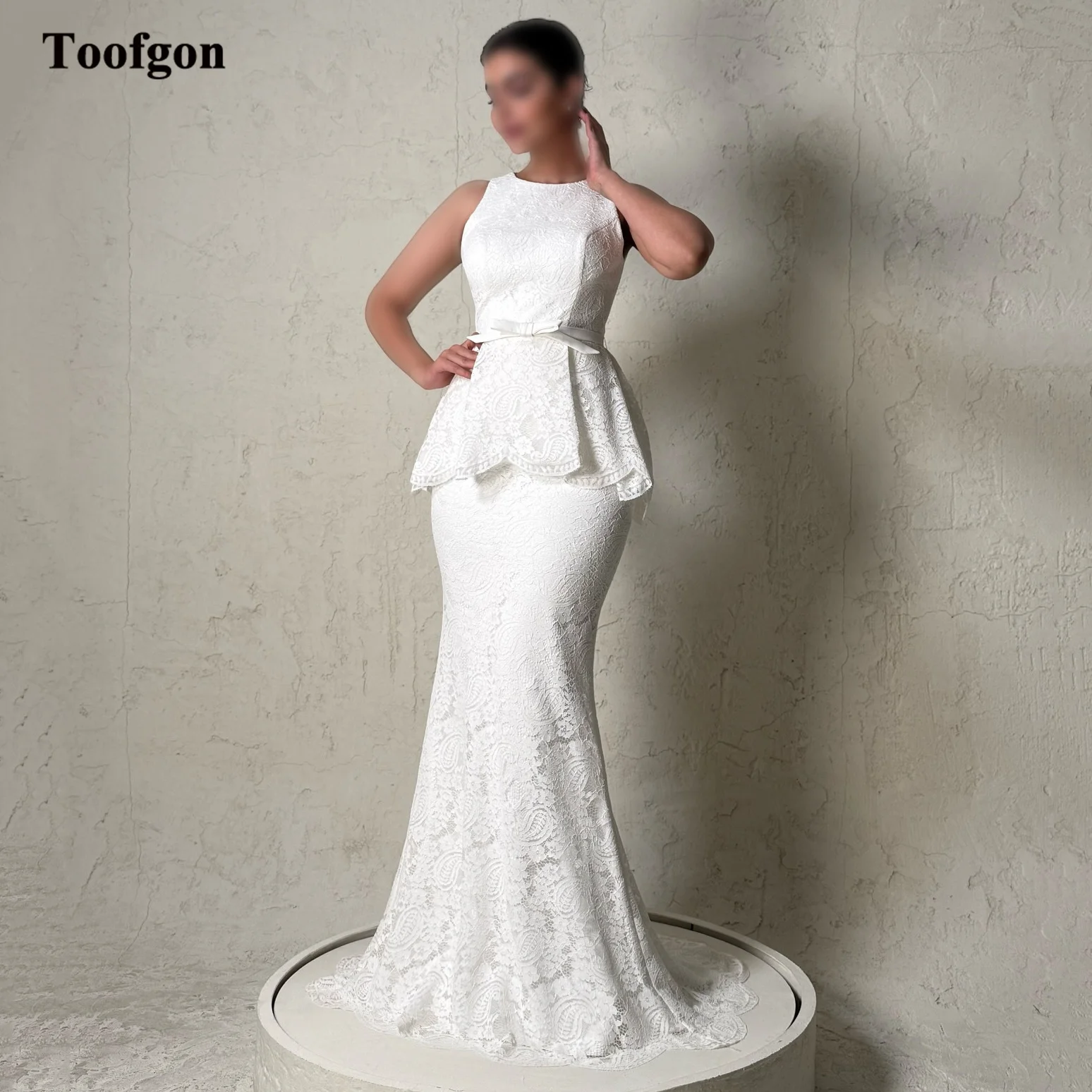 

Toofgon Elegant Lace Mermaid Wedding Dresses O-neck Sleeveless Bridal Photo Gowns Arabic Formal Party Evening Dress Customized