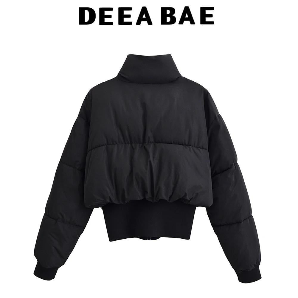 DEEABAE Autumn new women's clothing simple casual stand up collar long sleeved zipper splicing short cotton jacket