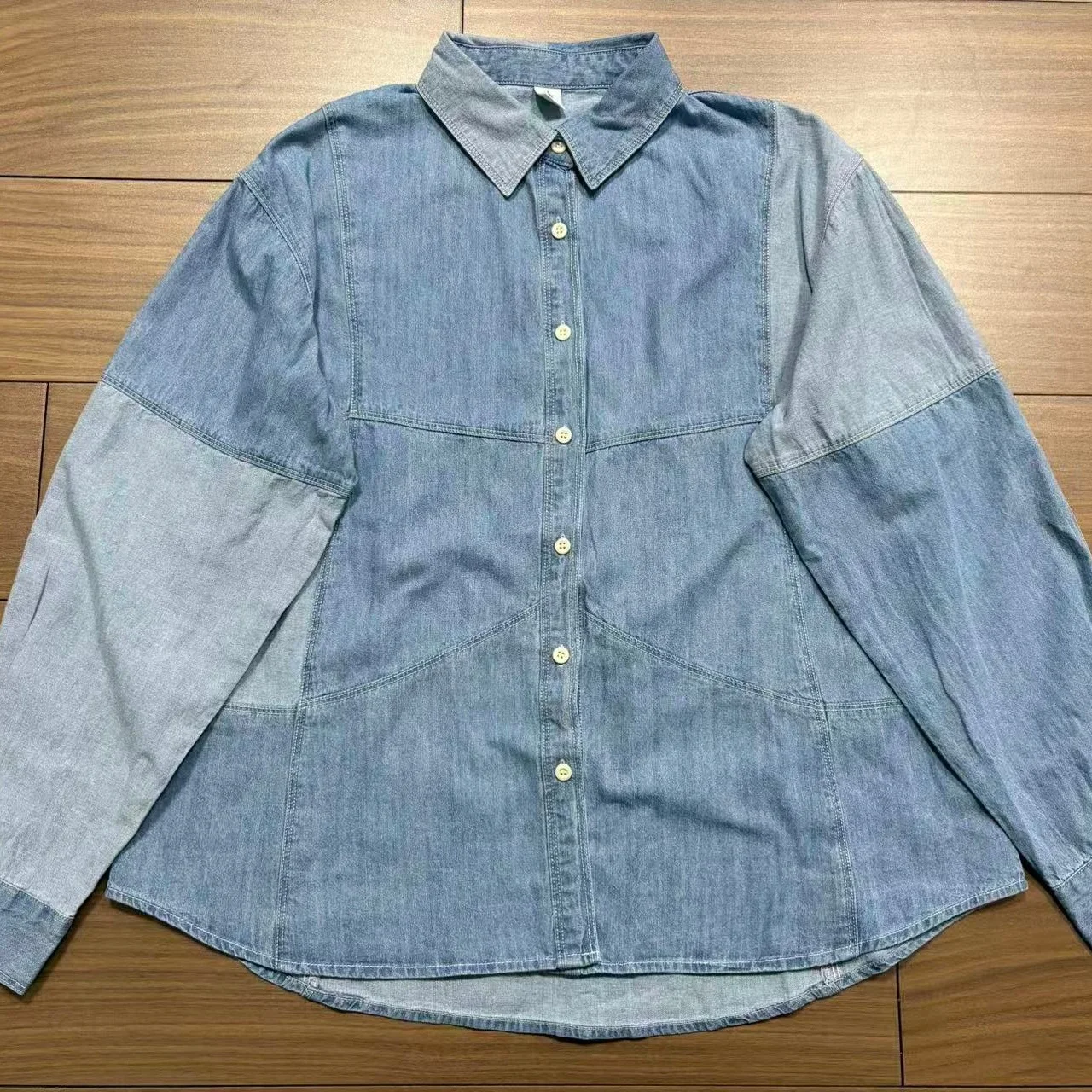 

Color Block Washed Denim Collar Long Sleeve Loose Cotton Shirt Women Spring New Style Sweet Style Breathable Regular Fit