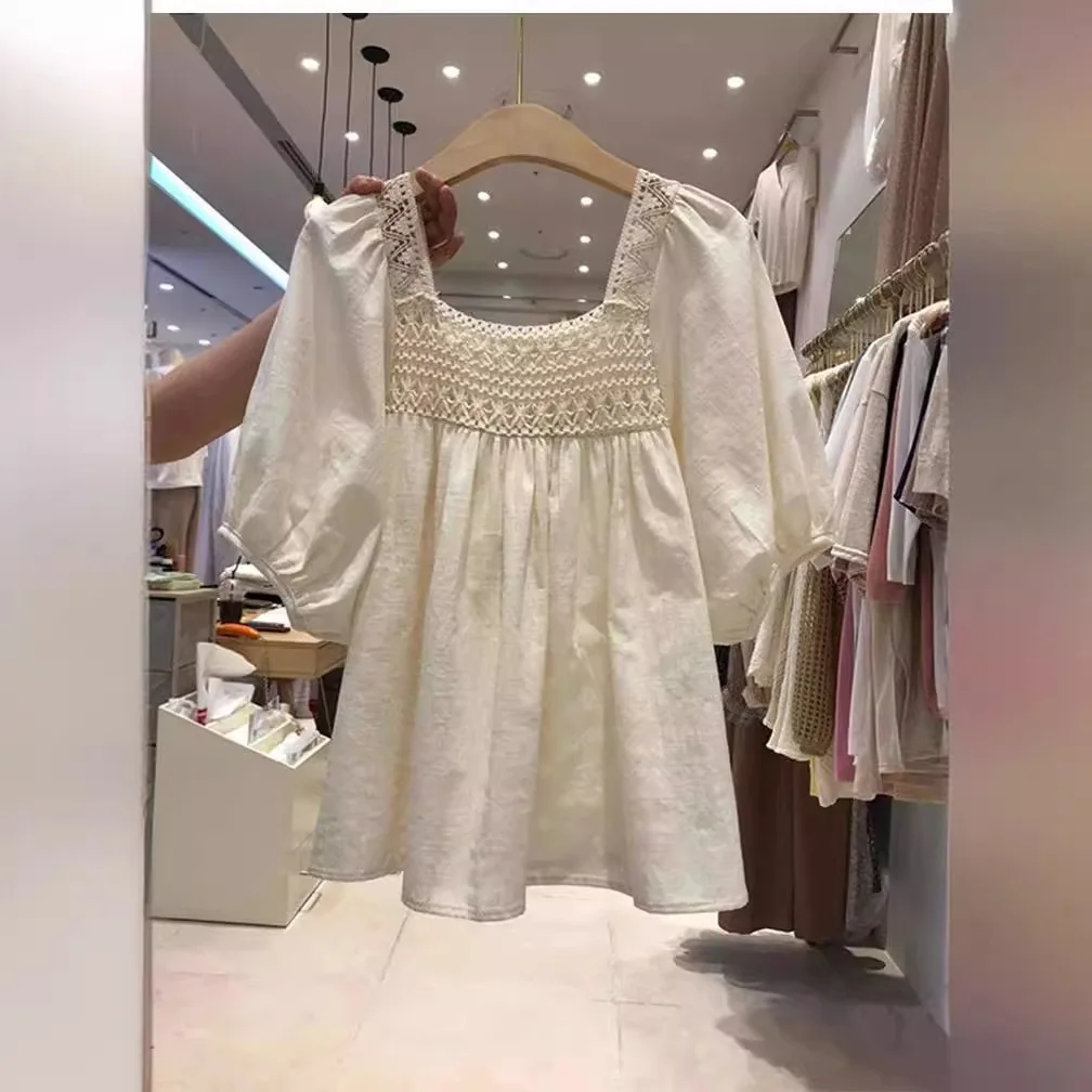 Women's Lace-Trimmed Square Neck Blouse, Puff Short Sleeve Loose-Fit Babydoll Top, Casual Cotton Blend Shirt