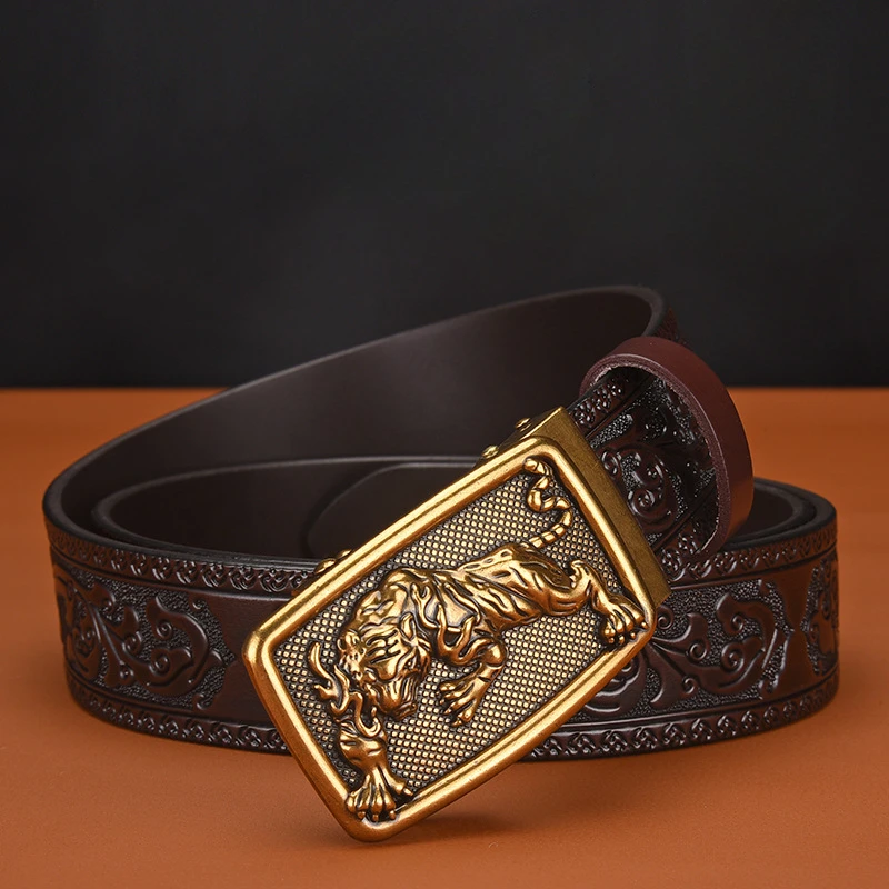 

2025 New! Trendy Retro Men's Automatic Buckle Belt Tiger Themed Personality Engraving Popular for Casual Wear