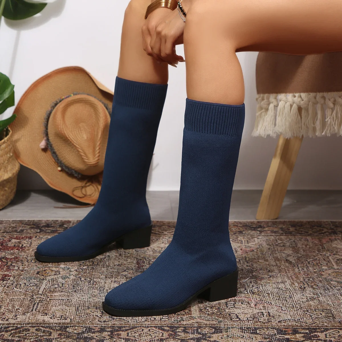 Frühling Herbst Mode Damenstiefel Quadratische Spitze Gestrickte Sockenstiefel Slip-on Halbstiefel Damen High Heels Übergrößen 35-43 Schuhe – Detail 27