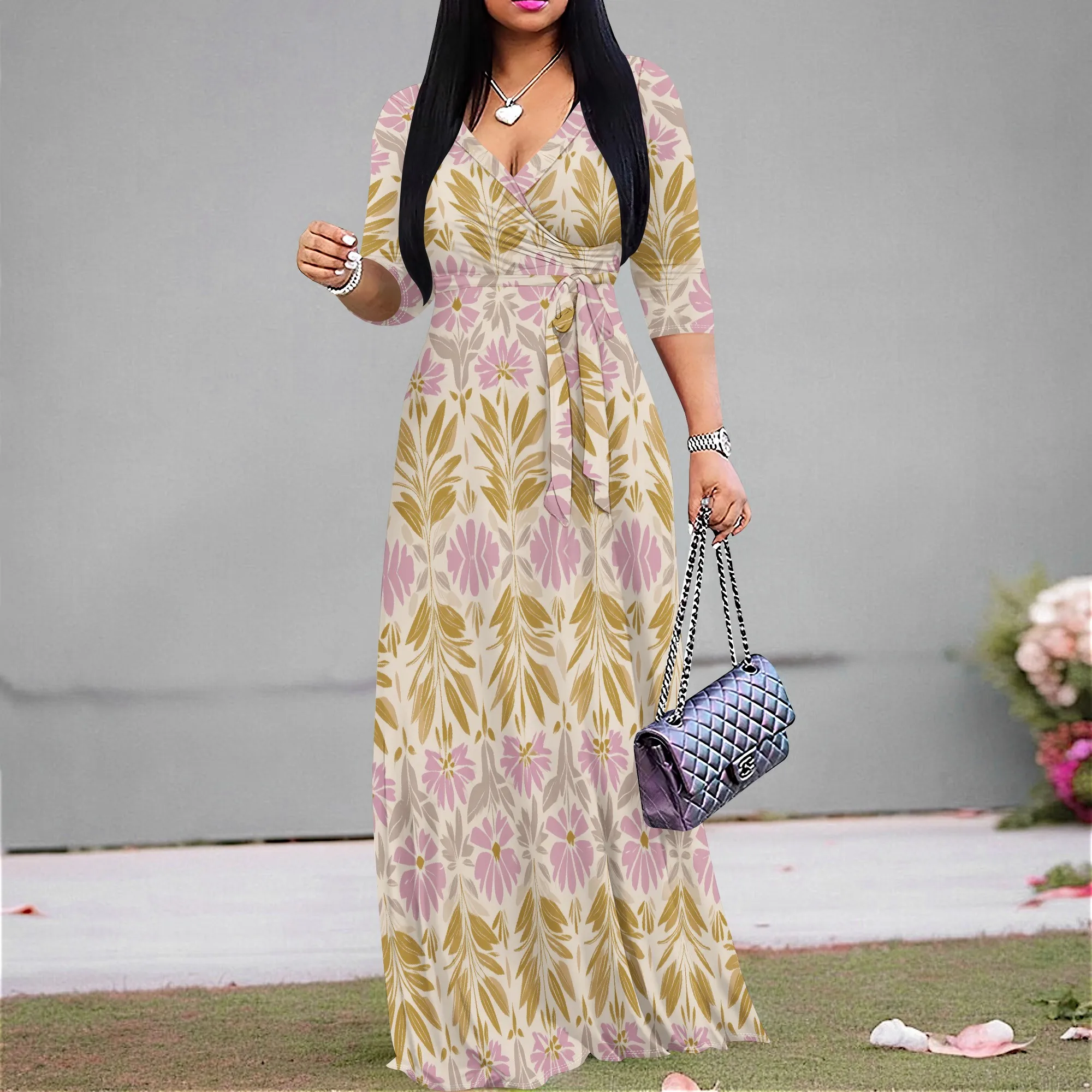 

Women's Floral Maxi Dress Boho V-Neck Half Sleeve A-line Dress with Belt for Holiday Vacation Wear XS-3XL
