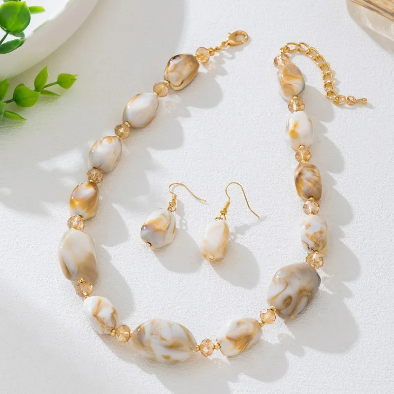 

New Fashion Irregular Dyed Acrylic Beads Strand Chain Retro Fishhook Earrings Necklace Jewelry Set Exaggerated Statement Jewelry