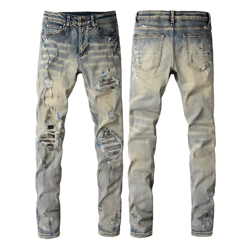 

Individuality Youth Men's High Street Fashion Splashed Ink Graffiti Jeans, New Trendy Slim Fit Ripped Patchwork Elastic Jeans