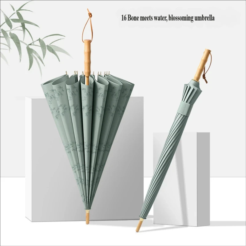 New High-value 16-Rib Long-handle Umbrella, Water-activated Flower Pattern, 280T Pongee Fabric, Fresh Minimalist Ancient Style B