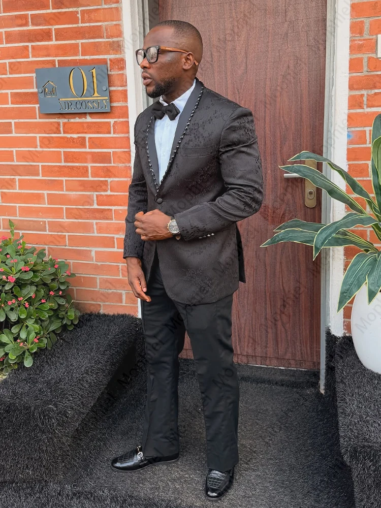 Wedding Men's Suits Shawl Lapel One Button 2 Piece Set Black Jacquard Tuxedo with Beading Prom Slim Fit Blazer Pants Customized