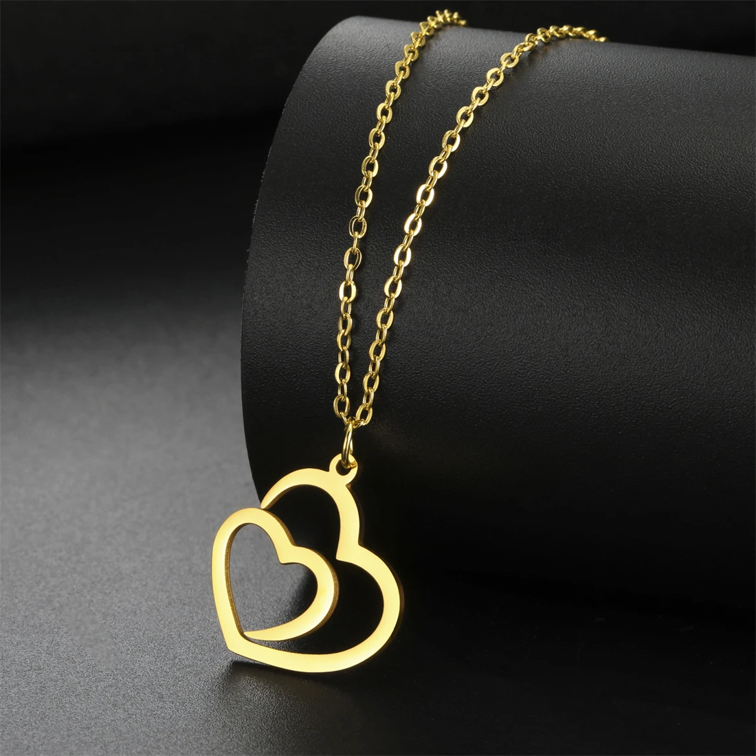Eueavan Hohl Doppel Herz Halskette Für Frauen Edelstahl Romantische Liebe Symbol Anhänger Kette Engagement Schmuck Geschenk – Detail 6