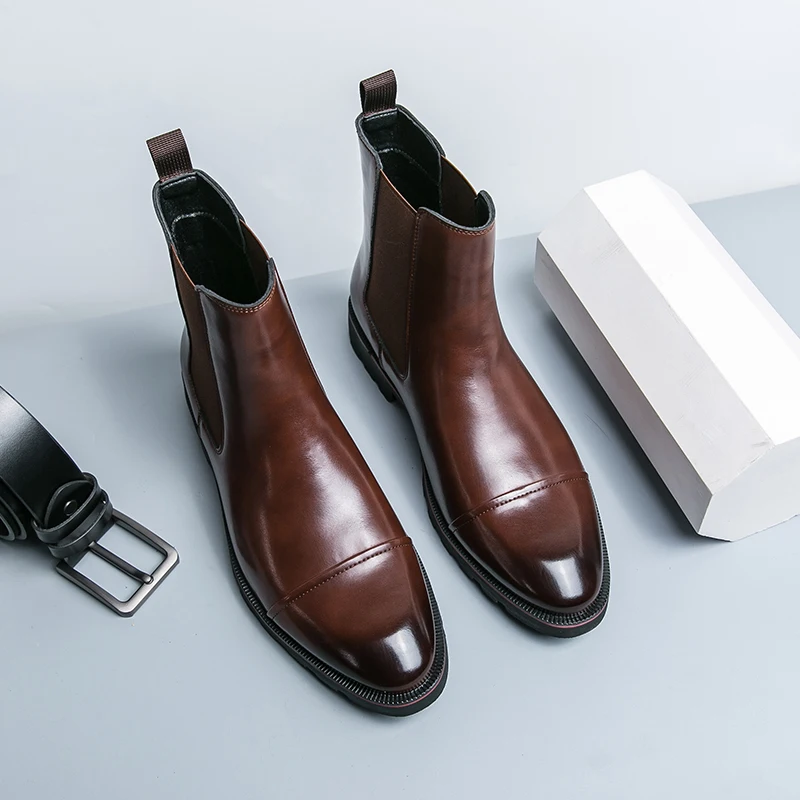 

Men Chelsea Boots High Top Solid Color Low Heel Comfortable Classic Business Men Boots Size 38-46