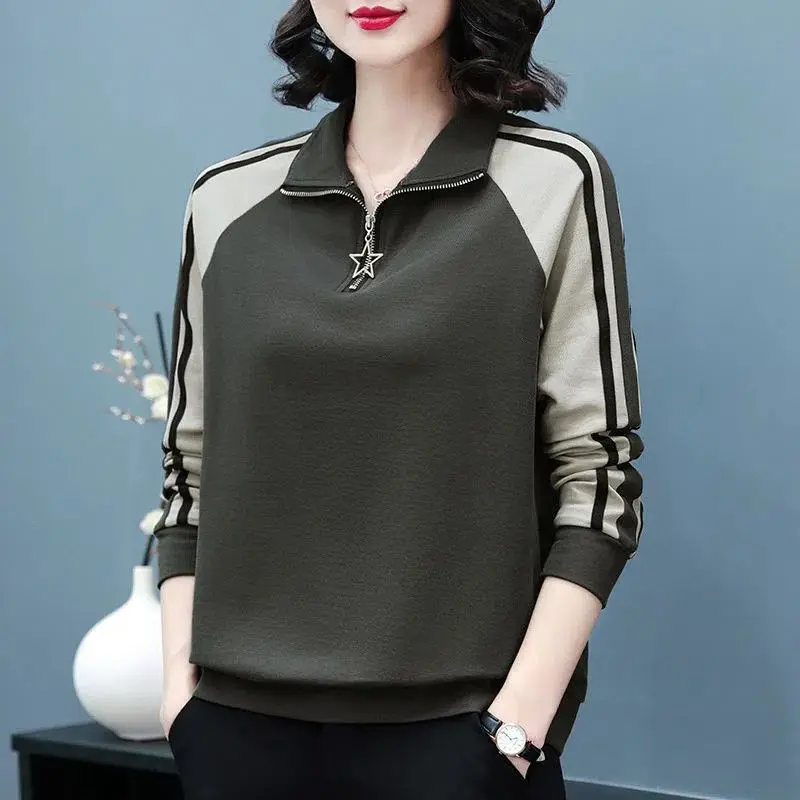 Autumn and Winter Women's Round Neck Zipper Pullover Button Panel Solid Color Long Sleeve Loose Fit Casual Commuter Elegant Tops