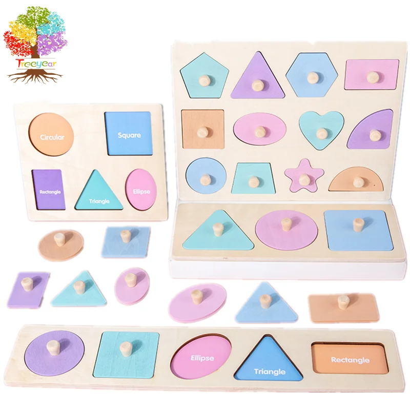 Montessori Wooden Colorful Geometry Pegged Puzzle with Knob Baby Toddler 1-3 Year Old Multi Shape Sorter Educational Toy Jigsaw