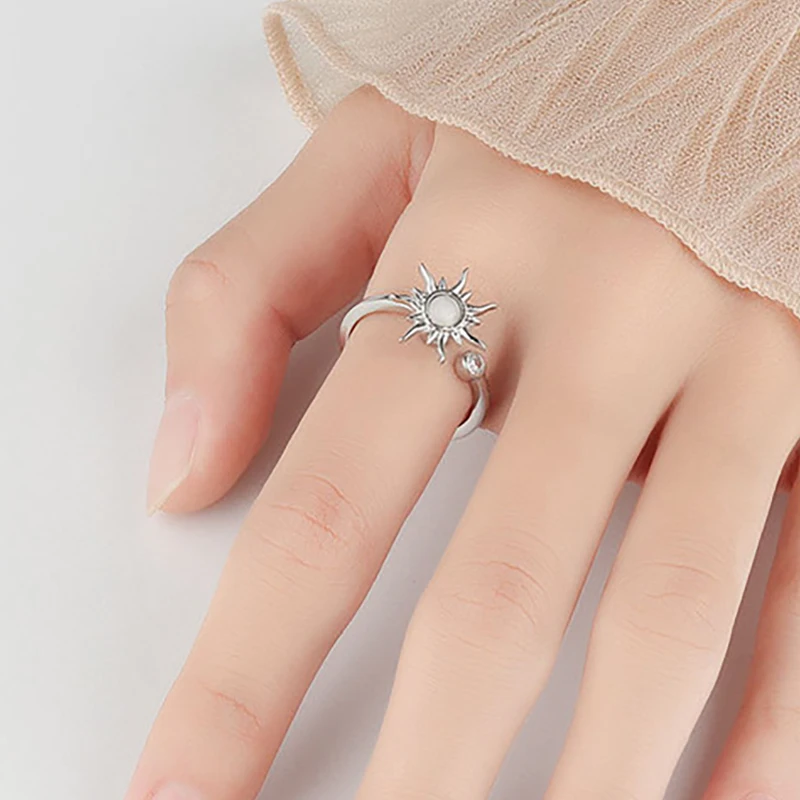 Luxury Rose Flower Rotating Anxiety Ring For Women Spinner Fidgets Heart Charm Adjustable Open Rings Star Moon Bague Anti Stress image 3