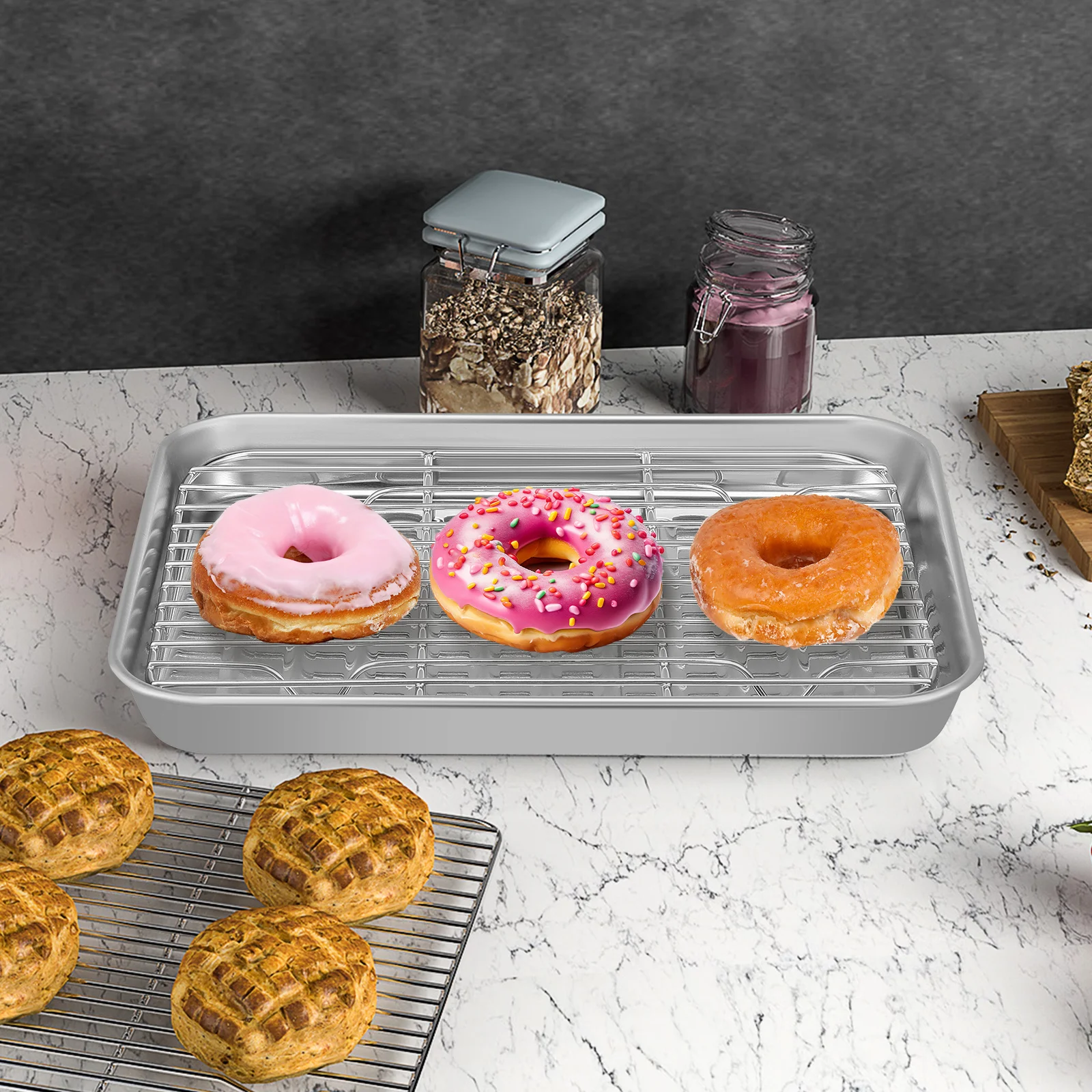 

2Sets Stainless Steel Baking Tray Set Heavy Duty Oven Safe Pan for Roast Meat Poultry Pizza Baking Sheets with Cooling Rack